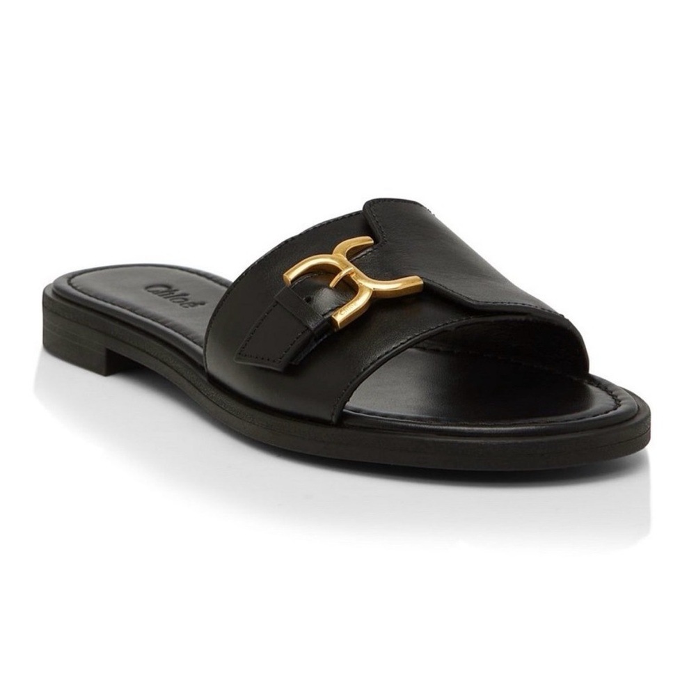 Chloé Black Slide Sandals with Gold Accent